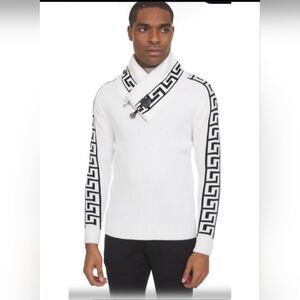 Barabas Men’s White Shawl Collar Sweater Greek Key Zip Pullover 4XL